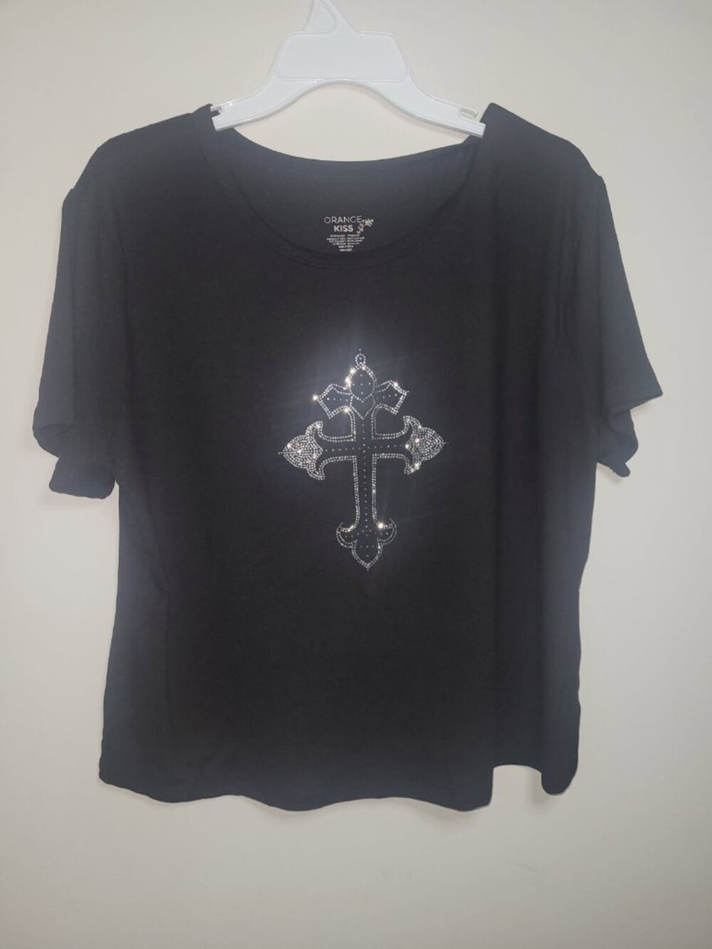 3XL Orange Kiss Black Rhinestone Cross Crop Top